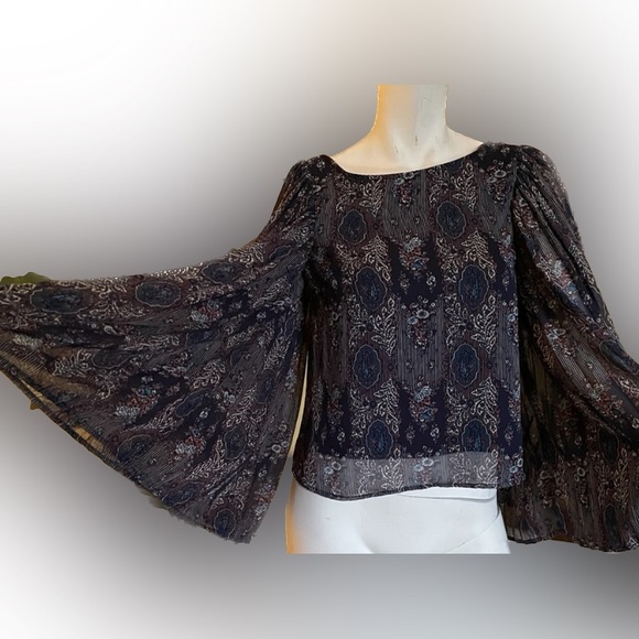 Ladies BoHo bat wing floral blouse hippie chic pleated belt sleeves freebird - Picture 3 of 8